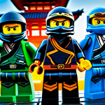 The six Ninjago heroes – Kai, Jay, Cole, Zane, Nya, and Lloyd – standing united in a dynamic, heroic group pose. Each character subtly radiates their elemental power: fire, lightning, earth, ice, water, and green energy, respectively. They are fully clothed in their distinctive, modest ninja suits and masks, appropriate attire. The setting is a traditional, ancient Ninjago temple rooftop, overlooking a futuristic cityscape with neon lights and advanced flying vehicles in the distance, showcasing the world's blend of history and technology. Professional photography, vibrant colors, detailed textures, high resolution, perfect anatomy, correct proportions, natural pose, well-formed hands, proper finger count, natural body proportions, safe for work, appropriate content, fully clothed, family-friendly.