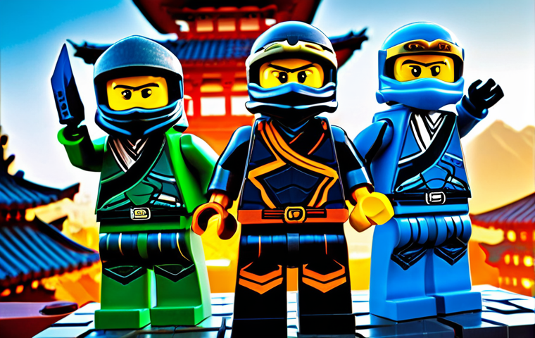 The six Ninjago heroes – Kai, Jay, Cole, Zane, Nya, and Lloyd – standing united in a dynamic, heroic group pose. Each character subtly radiates their elemental power: fire, lightning, earth, ice, water, and green energy, respectively. They are fully clothed in their distinctive, modest ninja suits and masks, appropriate attire. The setting is a traditional, ancient Ninjago temple rooftop, overlooking a futuristic cityscape with neon lights and advanced flying vehicles in the distance, showcasing the world's blend of history and technology. Professional photography, vibrant colors, detailed textures, high resolution, perfect anatomy, correct proportions, natural pose, well-formed hands, proper finger count, natural body proportions, safe for work, appropriate content, fully clothed, family-friendly.