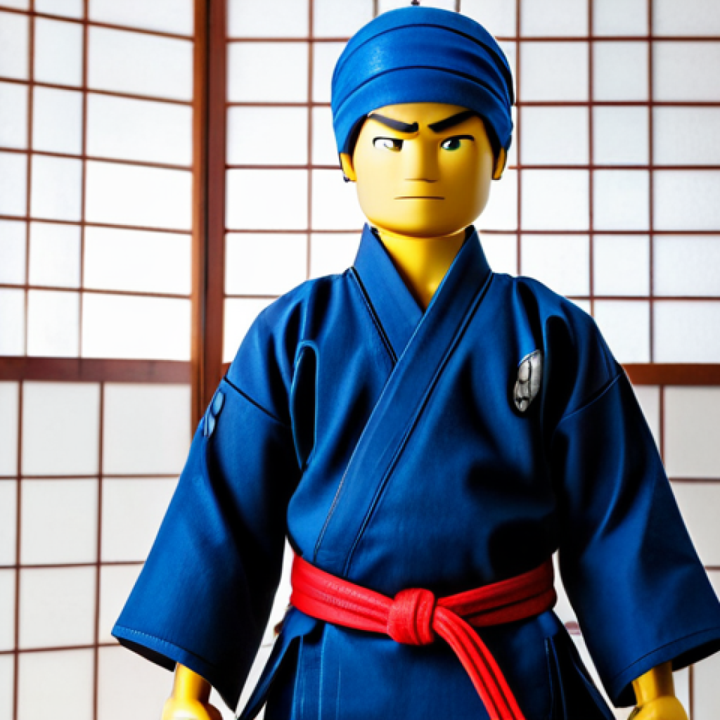 A male Ninjago character in a simple, early-era martial arts suit. The character is fully clothed in a modest, primary-colored gi, such as vibrant red or deep blue, with clean, functional lines designed for agile movement. The attire is traditional in style, focusing on practicality rather than elaborate details, and includes a matching head wrap. The character stands in a traditional dojo with natural light filtering through shoji screens, conveying a sense of focused training. Perfect anatomy, correct proportions, natural pose, well-formed hands, proper finger count, natural body proportions. High-resolution, professional photography, clean aesthetic. Safe for work, appropriate content, fully clothed, modest, family-friendly.