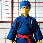 A male Ninjago character in a simple, early-era martial arts suit. The character is fully clothed in a modest, primary-colored gi, such as vibrant red or deep blue, with clean, functional lines designed for agile movement. The attire is traditional in style, focusing on practicality rather than elaborate details, and includes a matching head wrap. The character stands in a traditional dojo with natural light filtering through shoji screens, conveying a sense of focused training. Perfect anatomy, correct proportions, natural pose, well-formed hands, proper finger count, natural body proportions. High-resolution, professional photography, clean aesthetic. Safe for work, appropriate content, fully clothed, modest, family-friendly.